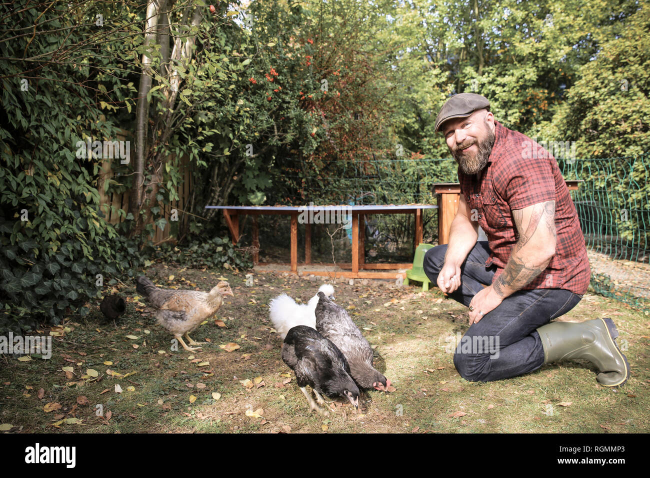 L uomo nel suo giardino, uomo alimentazione di polli ruspanti Foto Stock