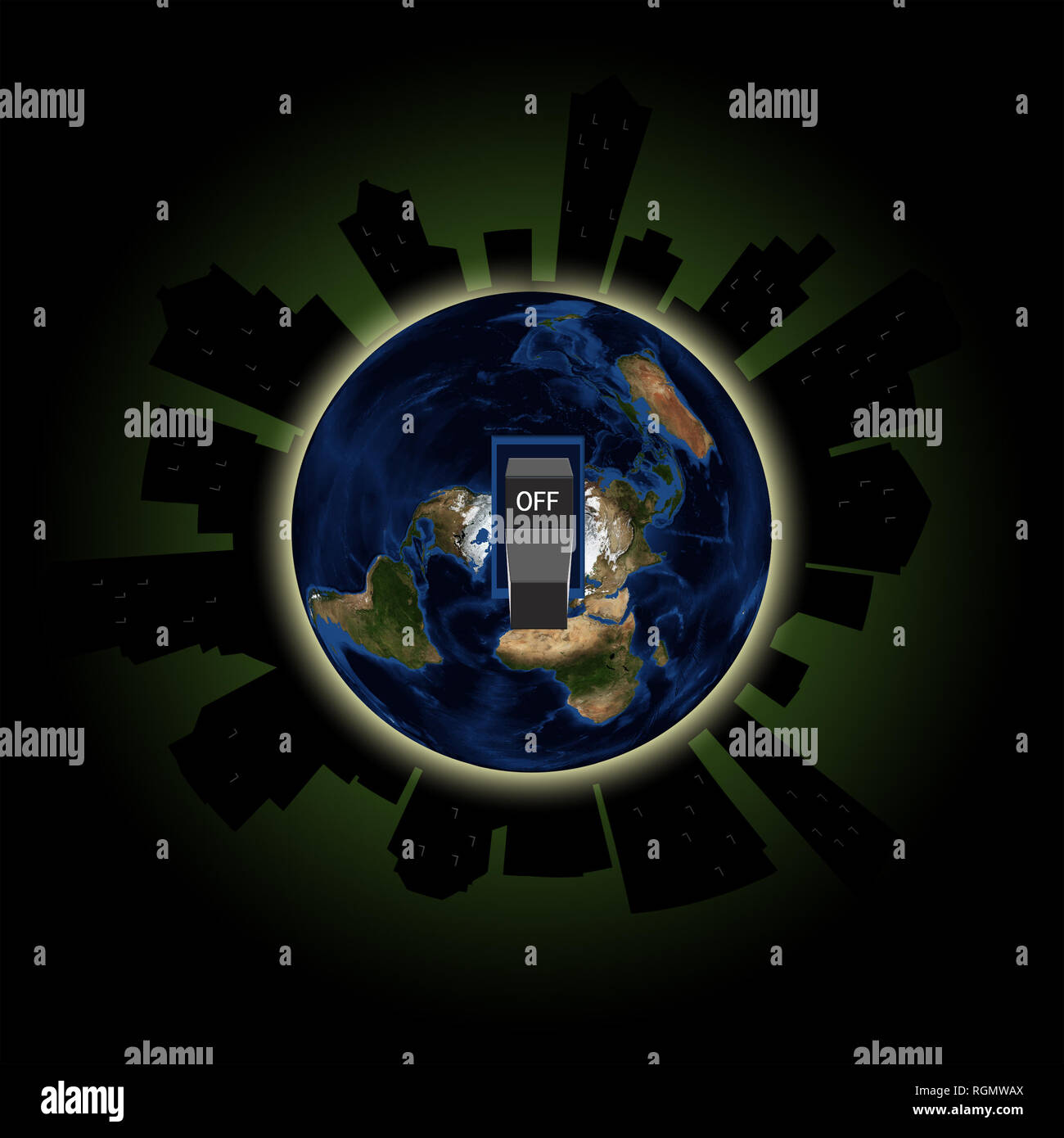 Annuali globali di lights out evento nel marzo chiamato Terra ora illustrato con interruttore e la silhouette della città sul pianeta terra. Gli elementi di questa immagine furni Foto Stock