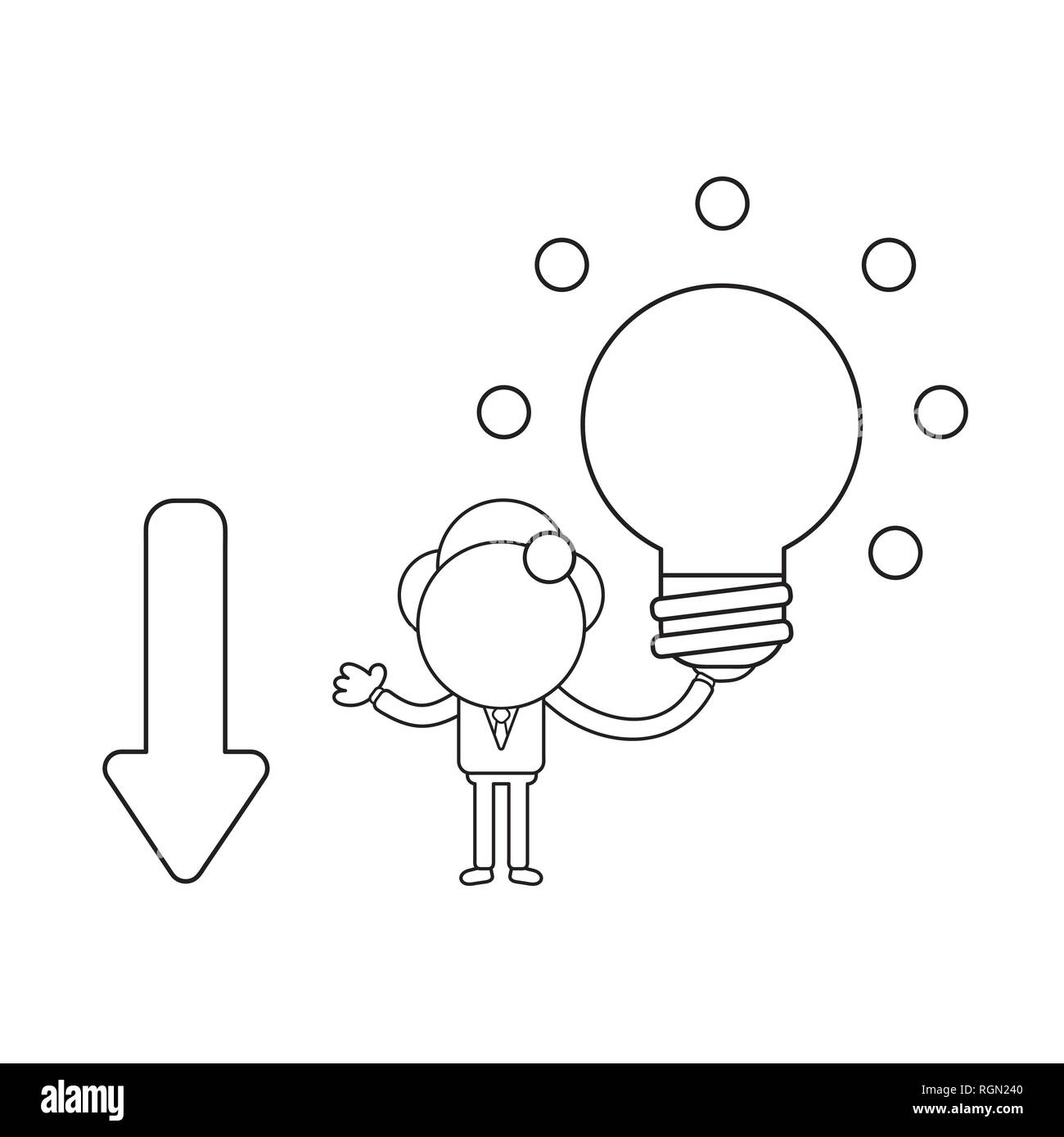 Illustrazione Vettoriale imprenditore carattere con la freccia nello spostamento verso il basso e tenendo premuto incandescente lampadina. Contorno nero. Illustrazione Vettoriale