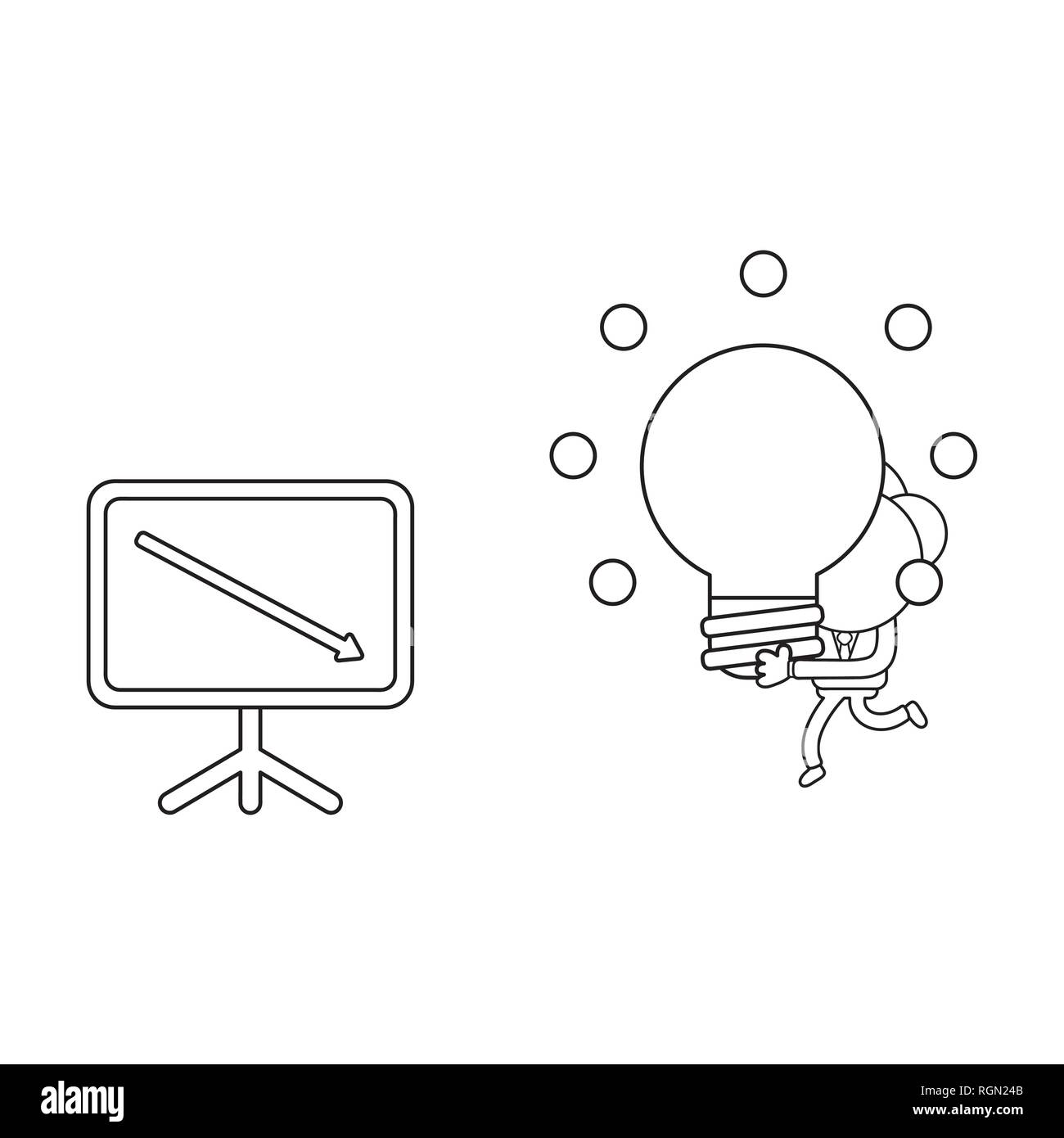 Illustrazione Vettoriale imprenditore in funzione del carattere e portante incandescente lampadina luce idea al grafico delle vendite si sta spostando verso il basso. Contorno nero. Illustrazione Vettoriale