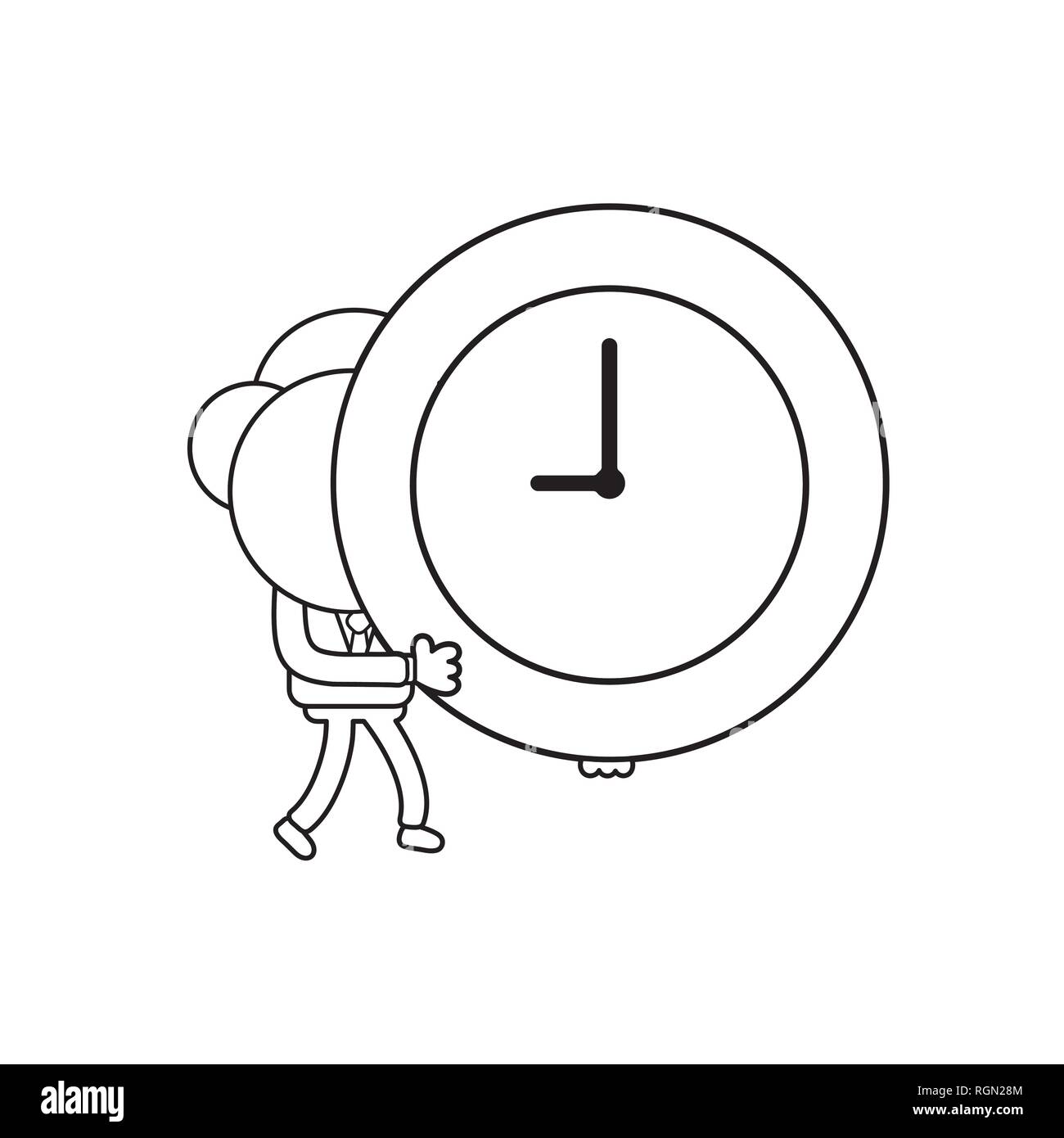 Illustrazione Vettoriale imprenditore a piedi di carattere e di mantenimento del tempo di clock. Contorno nero. Illustrazione Vettoriale