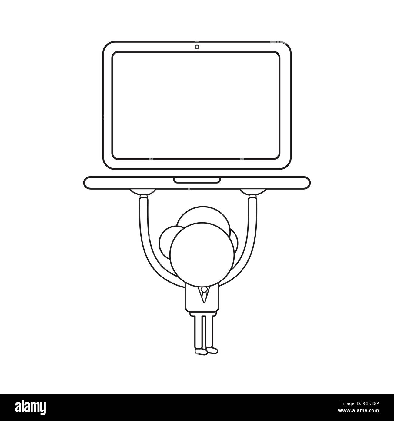 Illustrazione Vettoriale carattere imprenditore tenendo su computer laptop. Contorno nero. Illustrazione Vettoriale