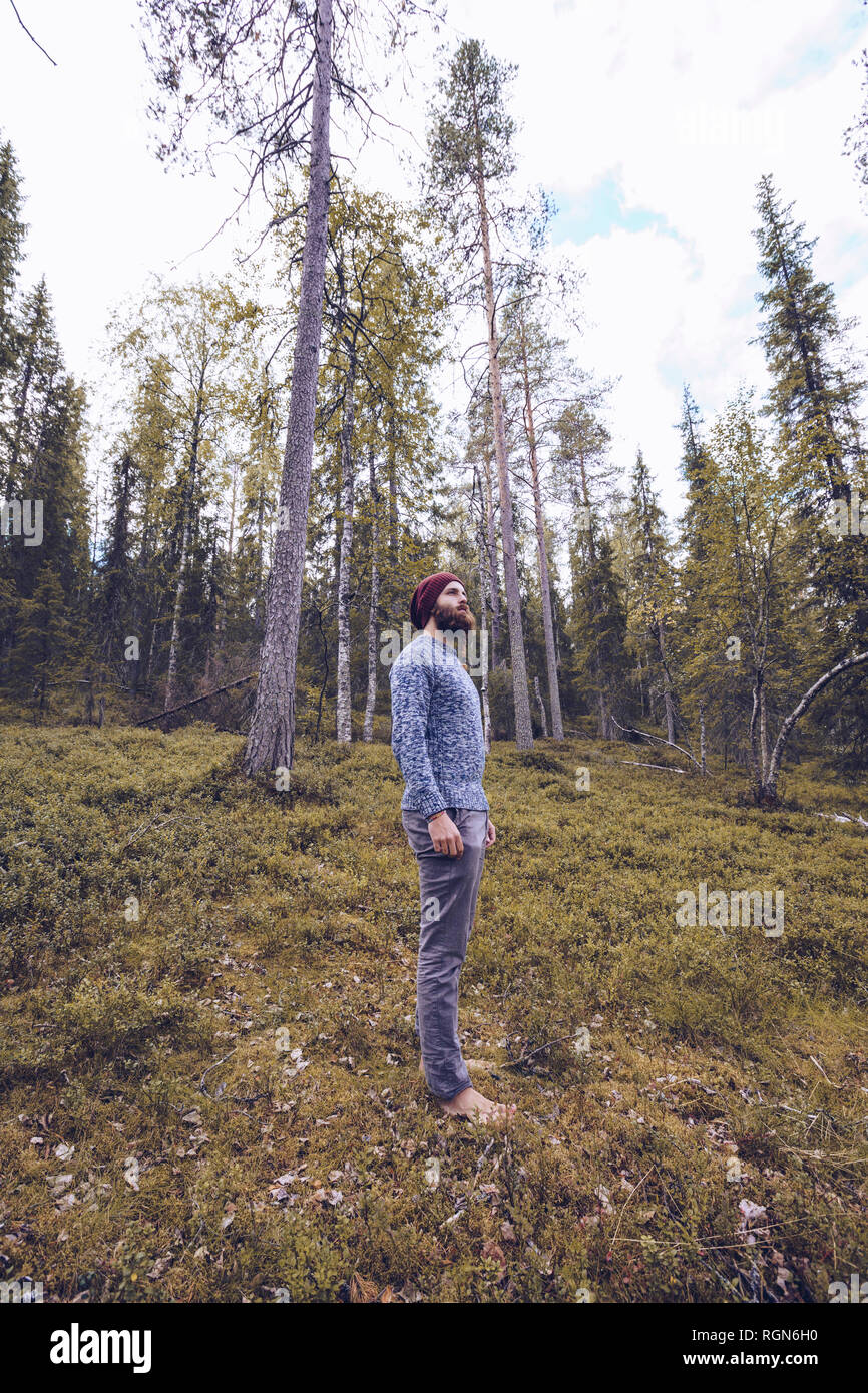 La Svezia, Lapponia, uomo in piedi su forest glade rilassante Foto Stock