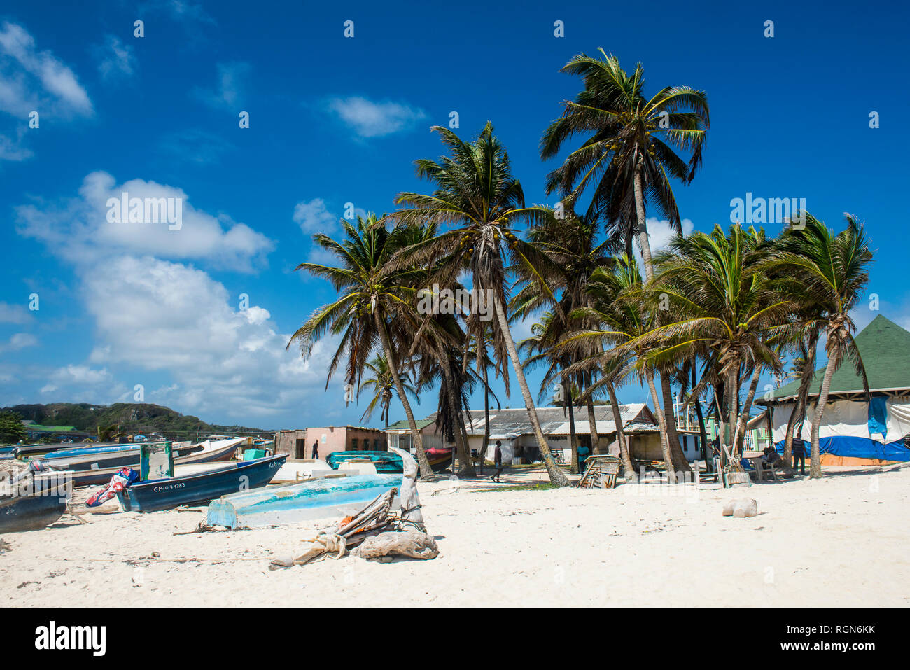 Caraibi, Colombia, San Andres, barche di pescatori sulla spiaggia di Palm Foto Stock