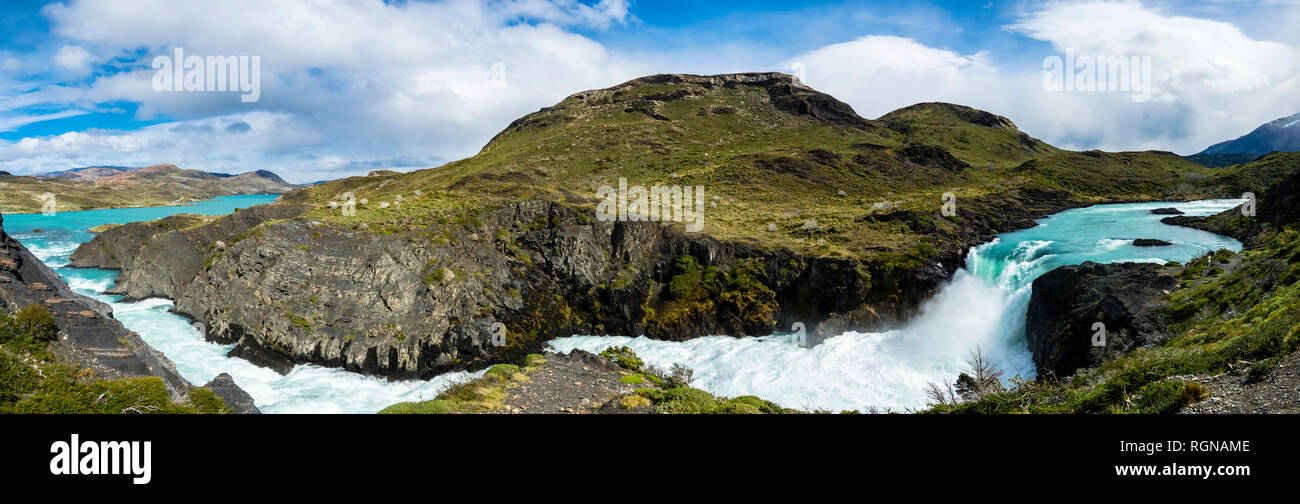 Sud America, Cile, Patagonia, vista di Rio Paine, Parco Nazionale Torres del Paine, Cascata Salto Grande Foto Stock
