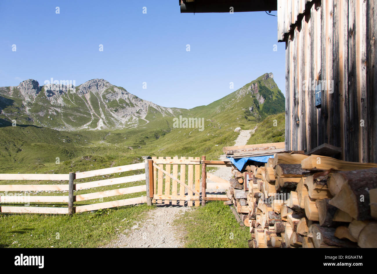 Austria, Alto Adige, capanna in legno, registri staccionata in legno, percorso Foto Stock
