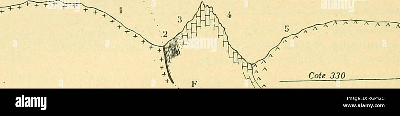 . Bulletin de la SociÃ©tÃ© gÃ©ologique de France. La geologia. 290 PIERRE TER.A1IP:R et JEAN lÃ®OUSSAC Ce qui esL tout Ã fait curieux et impressionnant, c'est de voir affleurer, sur le versanti nord de l'Aiguille calcaire, un peu de quarziti blancs du Trias, myloniliques et Ã©crasÃ©s, ayant, au, massimo ^2 m. d'Ã©paisseur ; et, Ã cÃ'tÃ© d'eux, du cÃ'tÃ© du g-ranite, des ph^dlades permiens, gris ou verts, Ã©Pais de quelques mÃ¨tres. Plus Ã l'Ouest, vient le granitÃ©, TRÍ¨s broyÃ© d'abord puis, bientÃ't, simplement froissÃ© et trí¨s reconnaissable.. FlG. 3. COUI"E DE LA SUUFACE SUPERIEURE IlE CHAl Foto Stock