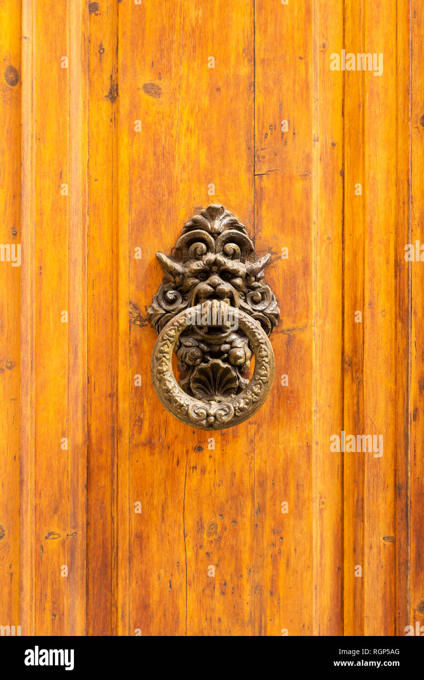 Vista frontale di un marrone vintage porta in legno con un round ornati in ottone respingente conformata come un mostro di fantasia Foto Stock
