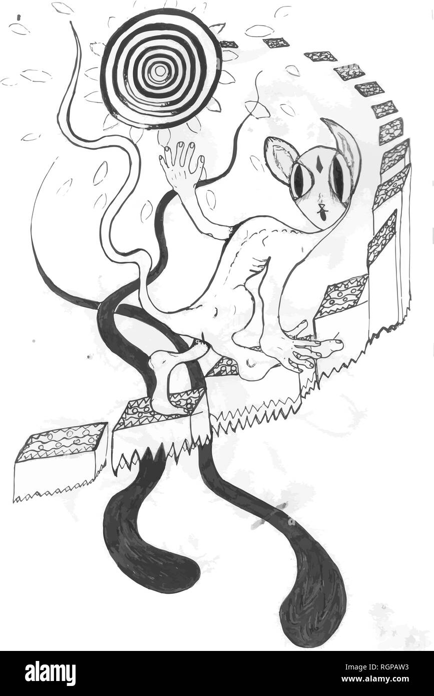 Illustrazione di un gatto umanoide a salire le scale a spirale sun. Foto Stock