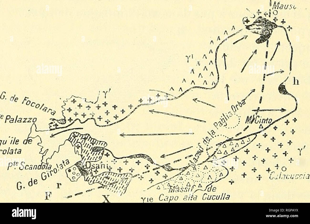 . Bulletin de la SociÃ©tÃ© gÃ©ologique de France. La geologia. 74 J. DEPRAT MI5 Janv il un indiquÃ© avec beaucoup de fidÃ©litÃ© la direzione gÃ©nÃ©rale des filons de Â" porphj'^res Â" qui correspondent aux lignes de hercyniennes frattura, su constate que les volcaniques centri de la rÃ©gion de la Paglia Orba sont installÃ©s sur onu point de dÃ©viation, sur onu brusque coude des direzioni tectoniques. En effet, les direc- zioni filoniennes, orientÃ©es N.S. sur la partie occidentale de la F. P'^Pa/azzo Presqu "Ã®le Girolata yie Capo alfa Cuculla Fig. 7. Â (Croquis indiquant les direzioni d'Ã©cou Foto Stock