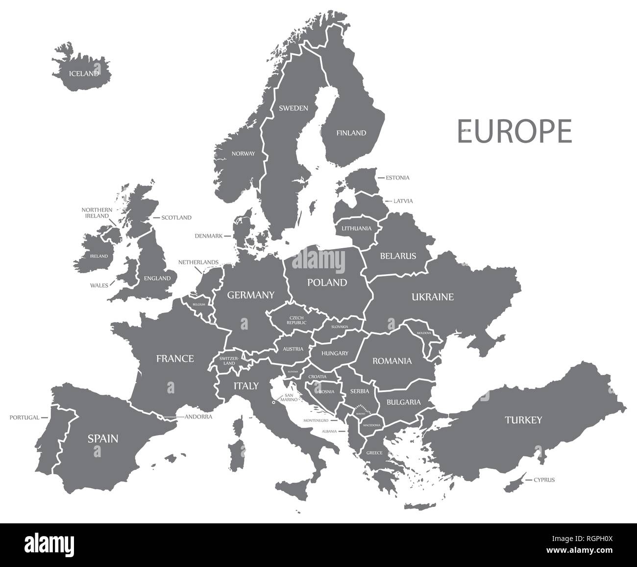 Mappa moderno - Europa con i paesi e le etichette in grigio Illustrazione Vettoriale