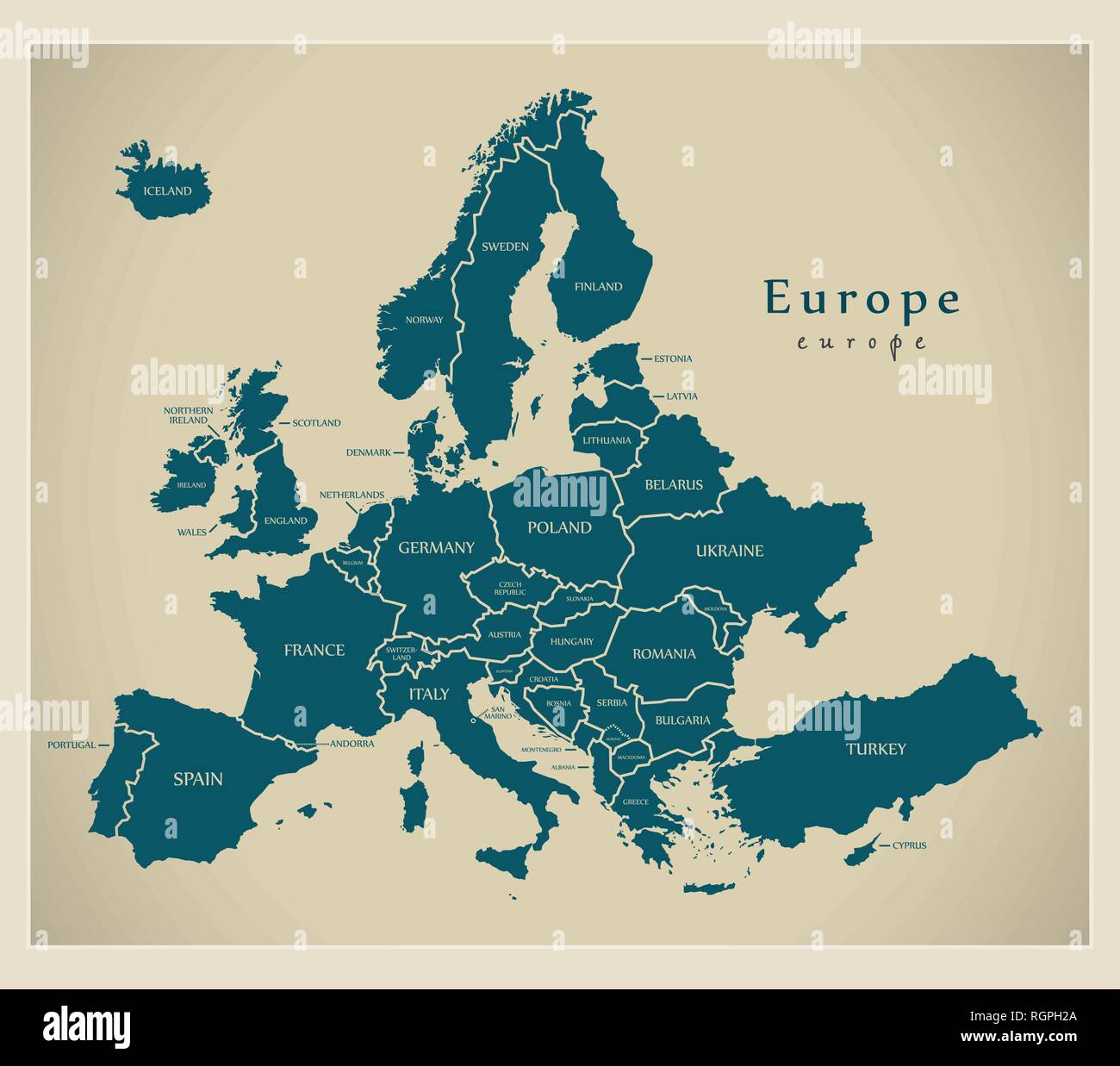 Mappa moderno - Europa con i paesi e le etichette Illustrazione Vettoriale