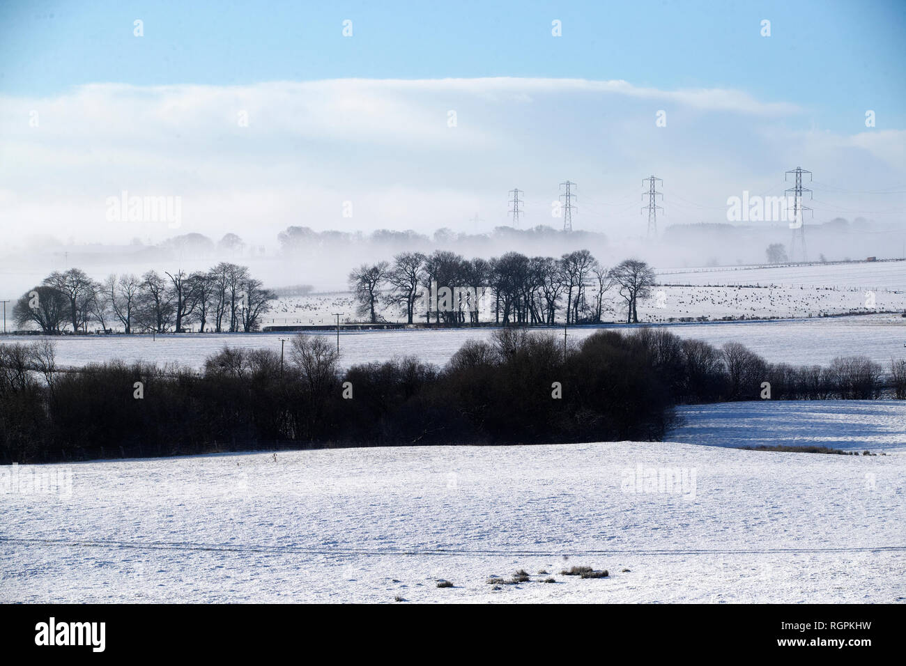 Nebbia di congelamento e coperti di neve campi nei pressi Balado in Fife, come predetto forecasters 'molto significativa nevicata' questa settimana, con temperature attese di immergersi per almeno meno 10 gradi Celsius (14F) in alcune parti del paese. Foto Stock