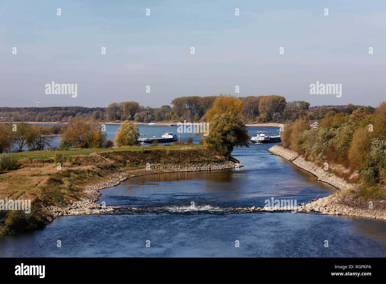 Wesel, Renania settentrionale-Vestfalia, Basso Reno, Germania, LIPPE, foce del fiume Lippe, vista a valle sulla bocca del fiume Lippe nel Reno. Foto Stock