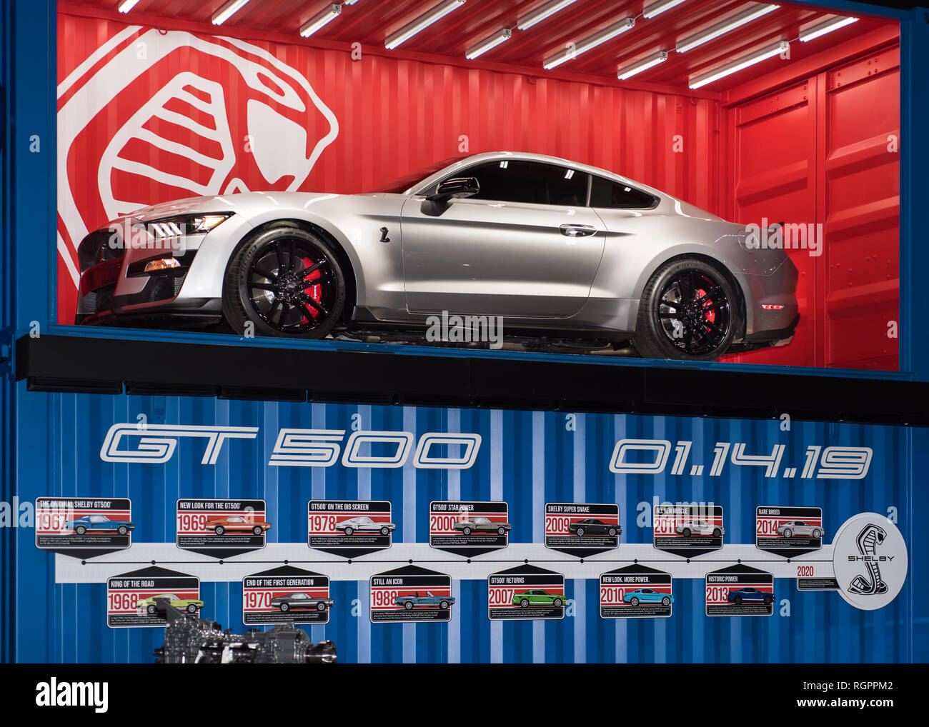 DETROIT, MI/STATI UNITI D'America - 14 gennaio 2019: UN 2020 Ford Shelby Cobra Mustang GT500 auto presso il North American International Auto Show (NAIAS). Foto Stock