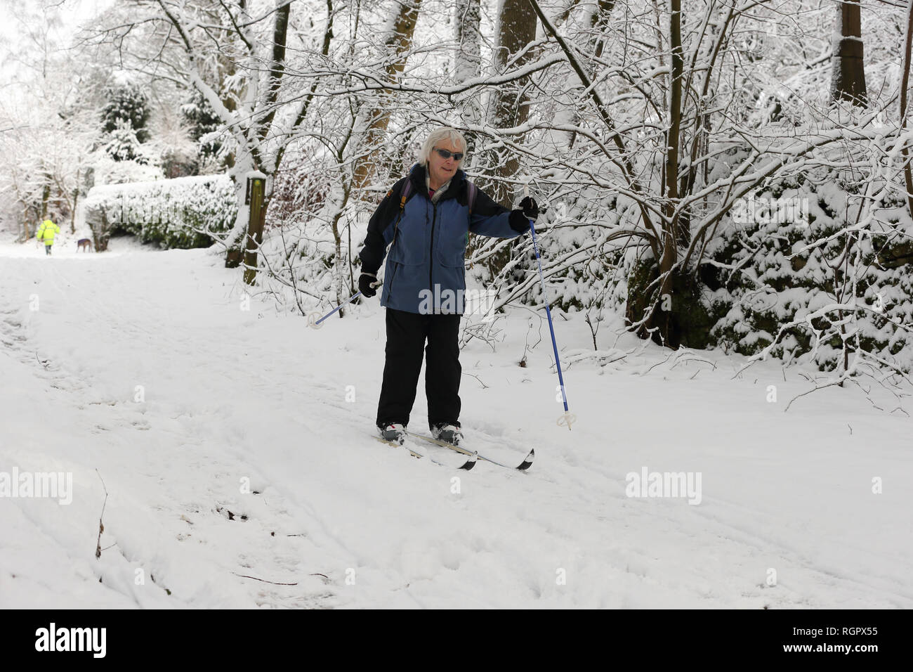 Una donna sci di fondo sci attraverso una zona vicino a Buxton, Derbyshire, come la Gran Bretagna è di supporti antisismici per la notte più freddi dell'inverno finora, con 'significativo nevicata' suscettibili di provocare ulteriori ritardi di viaggio e scuola di chiusure. Foto Stock