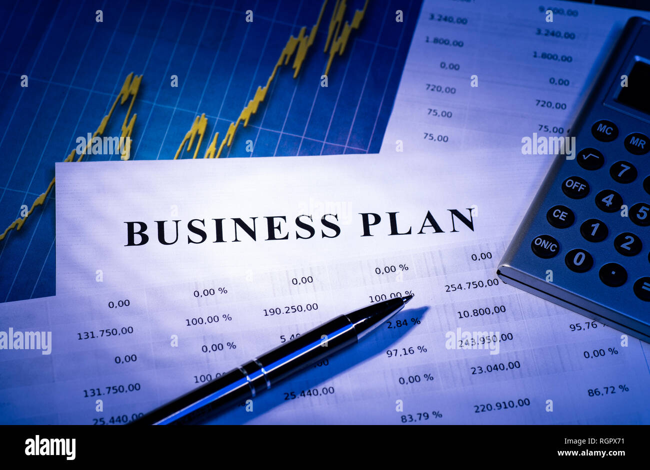 Business plan con tabelle, grafici, una calcolatrice e penna. Foto Stock