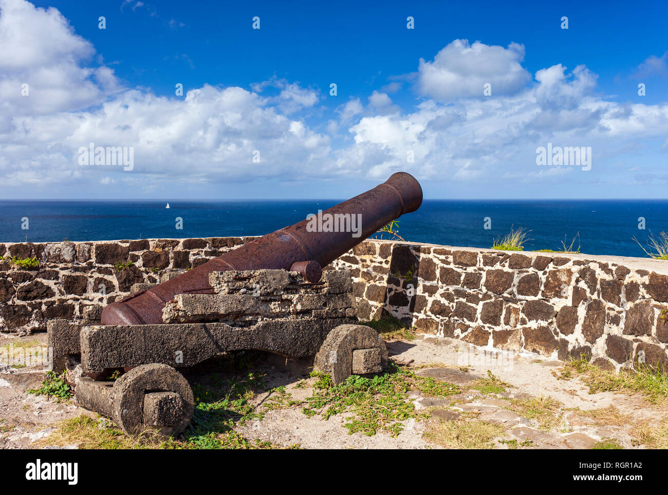 Cannone. Fort Rodney, Pigeon Island, Gros Islet, Saint Lucia, dei Caraibi. Foto Stock