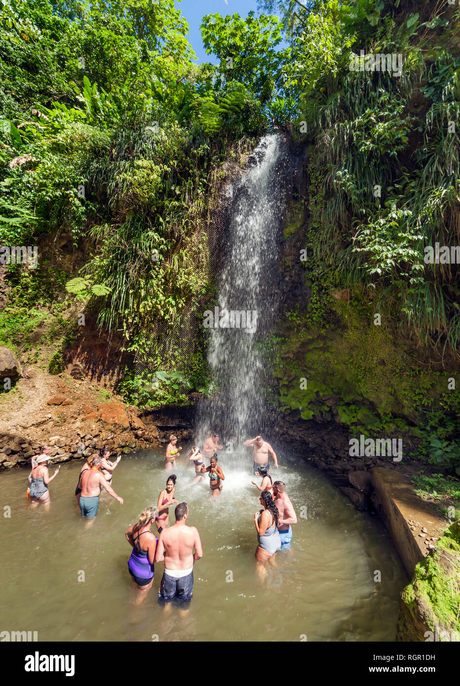 Cascata presso i Giardini Botanici, Soufriere, Saint Lucia. Foto Stock