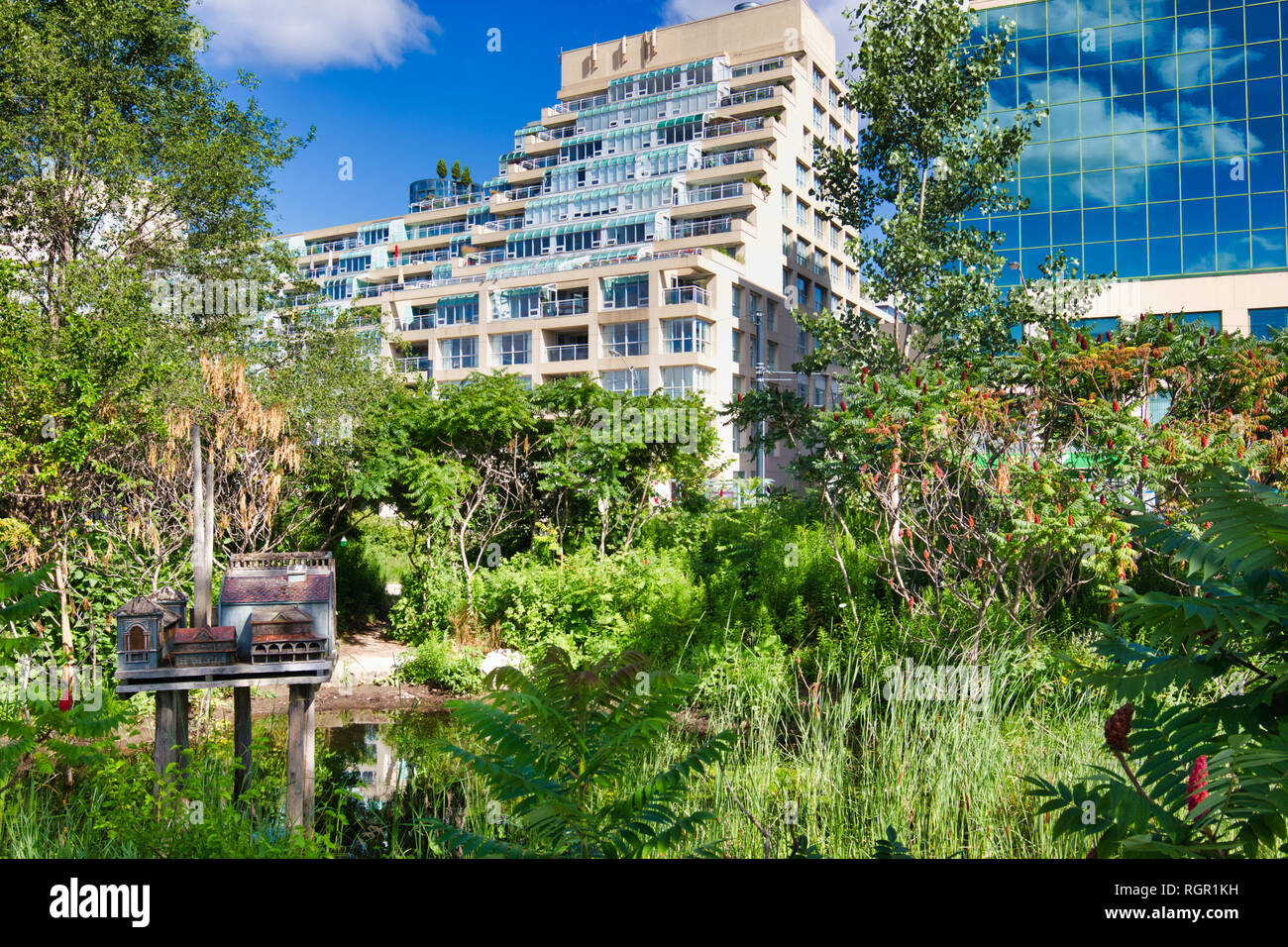 Birdhouse scultura di Anne Roberts a Spadina Quay Zone Umide una zona umida urbano sul lungomare di Toronto, Toronto, Ontario, Canada Foto Stock