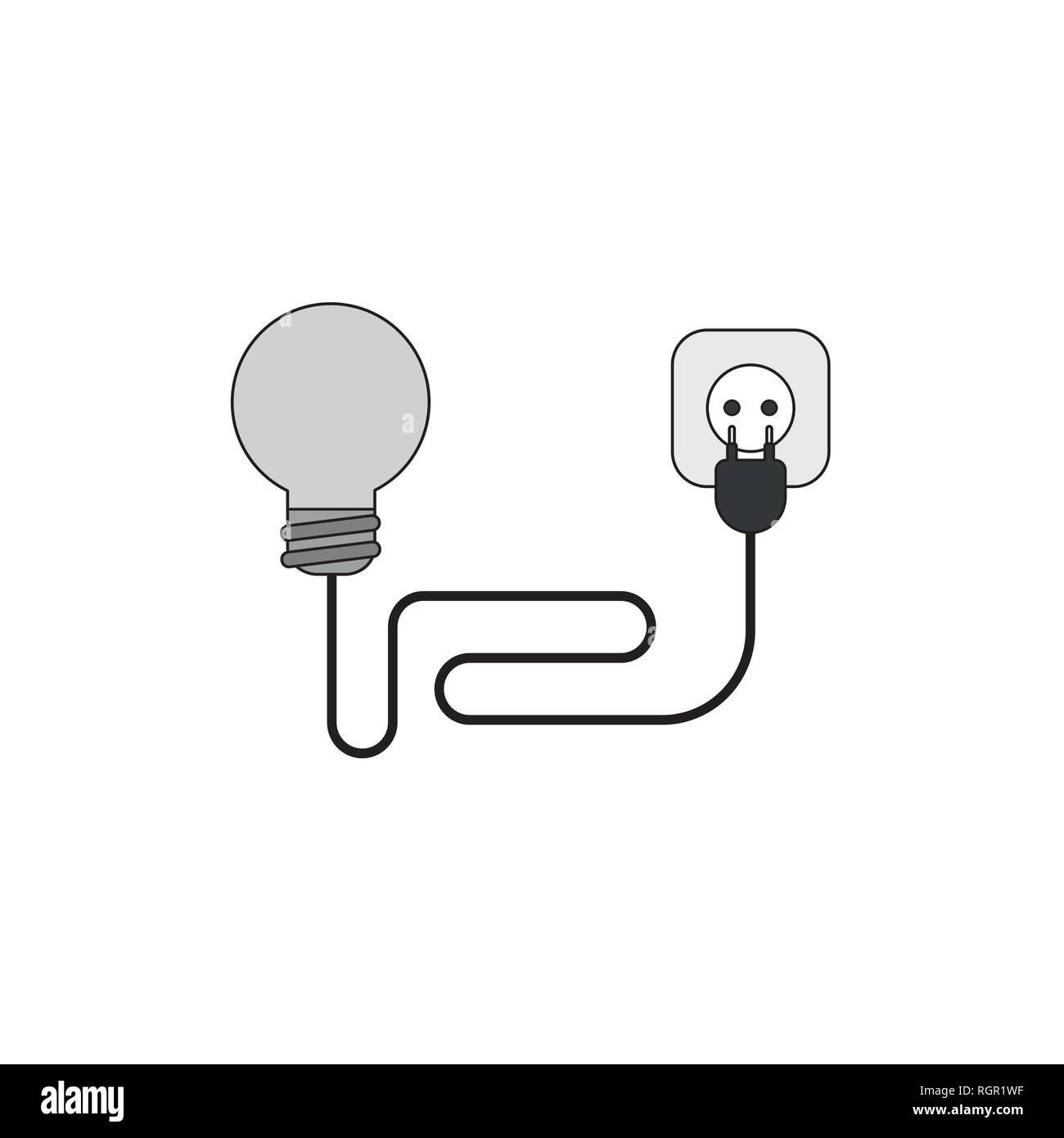 Design piatto stile illustrazione vettoriale nozione di lampadina con il filo elettrico di spina e presa su sfondo bianco. Colorata, contorni neri. Illustrazione Vettoriale