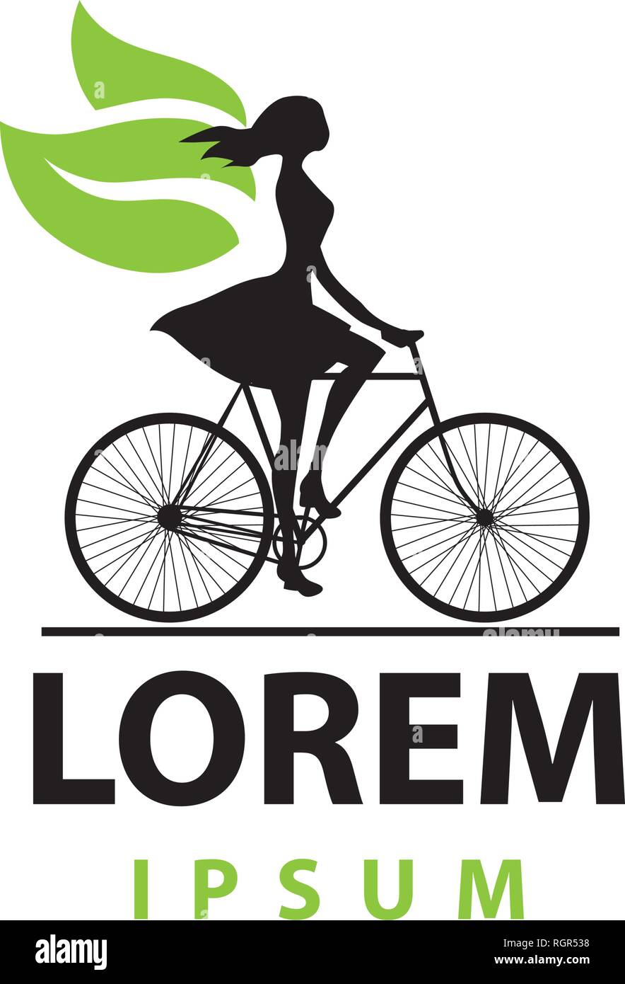 Donna con foglie verdi ali, equitazione Bicicletta, l'icona del logo Illustrazione Vettoriale
