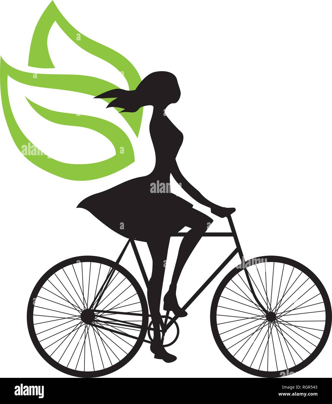 Donna con foglie verdi ali, equitazione Bicicletta, l'icona del logo Illustrazione Vettoriale