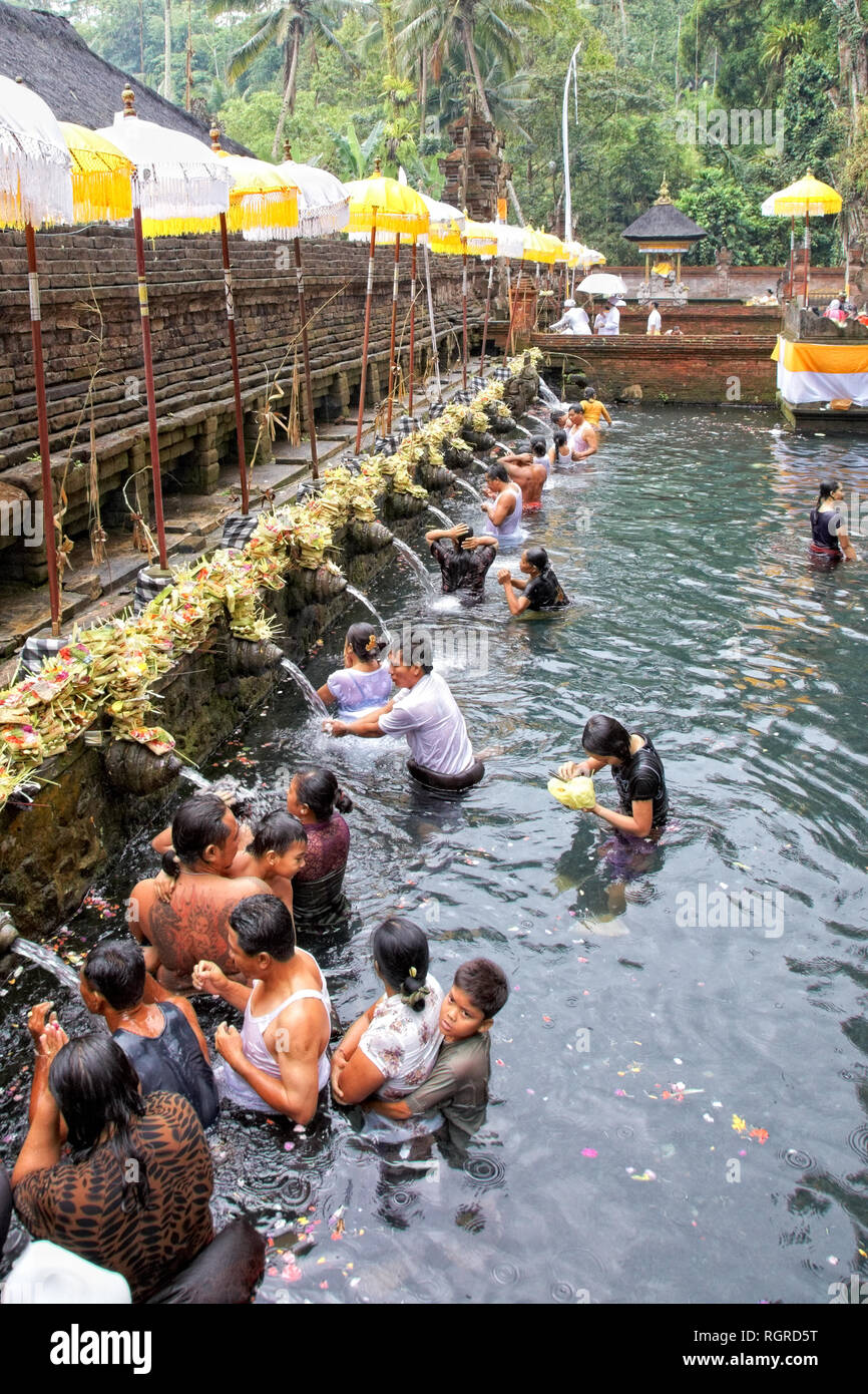 Preghiere durante il processo di depurazione a Puru Tirtha Empul temple, Bali Foto Stock