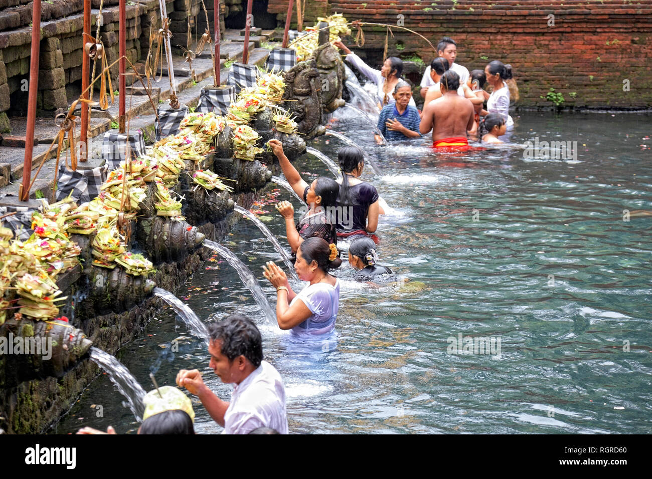 Preghiere durante il processo di depurazione a Puru Tirtha Empul temple, Bali Foto Stock