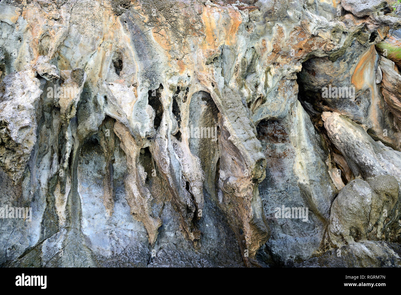 Vom Wetter ausgewaschene Kalksteinfelsen am Maja Beach, Phi Phi Island, Thailandia Foto Stock