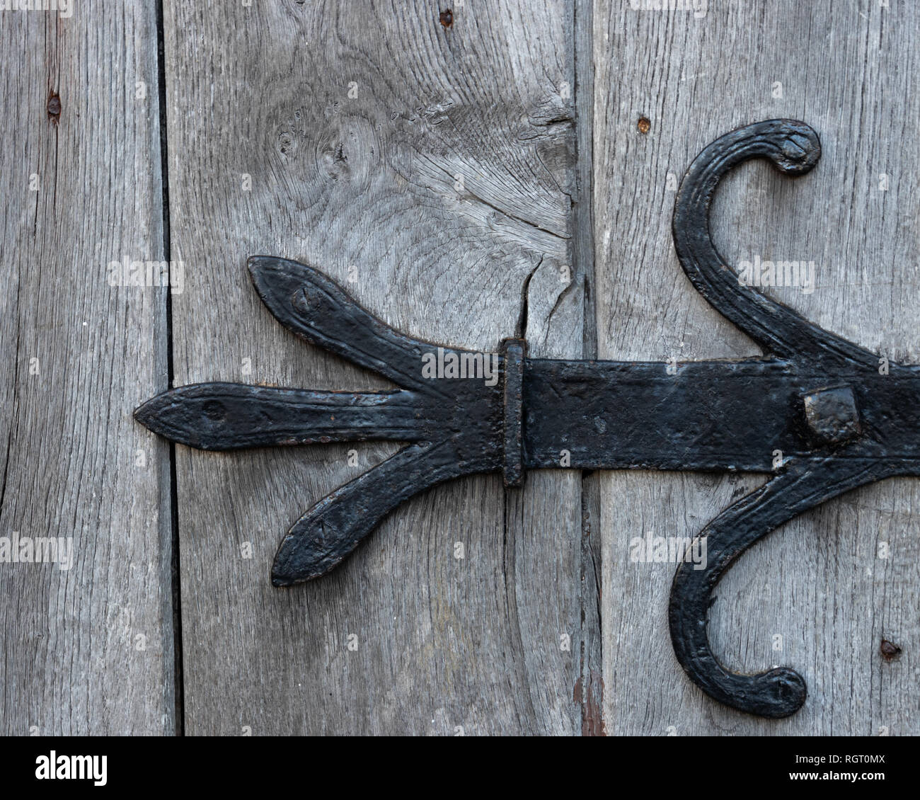 Vecchia porta di legno con cerniere di ferro Foto Stock