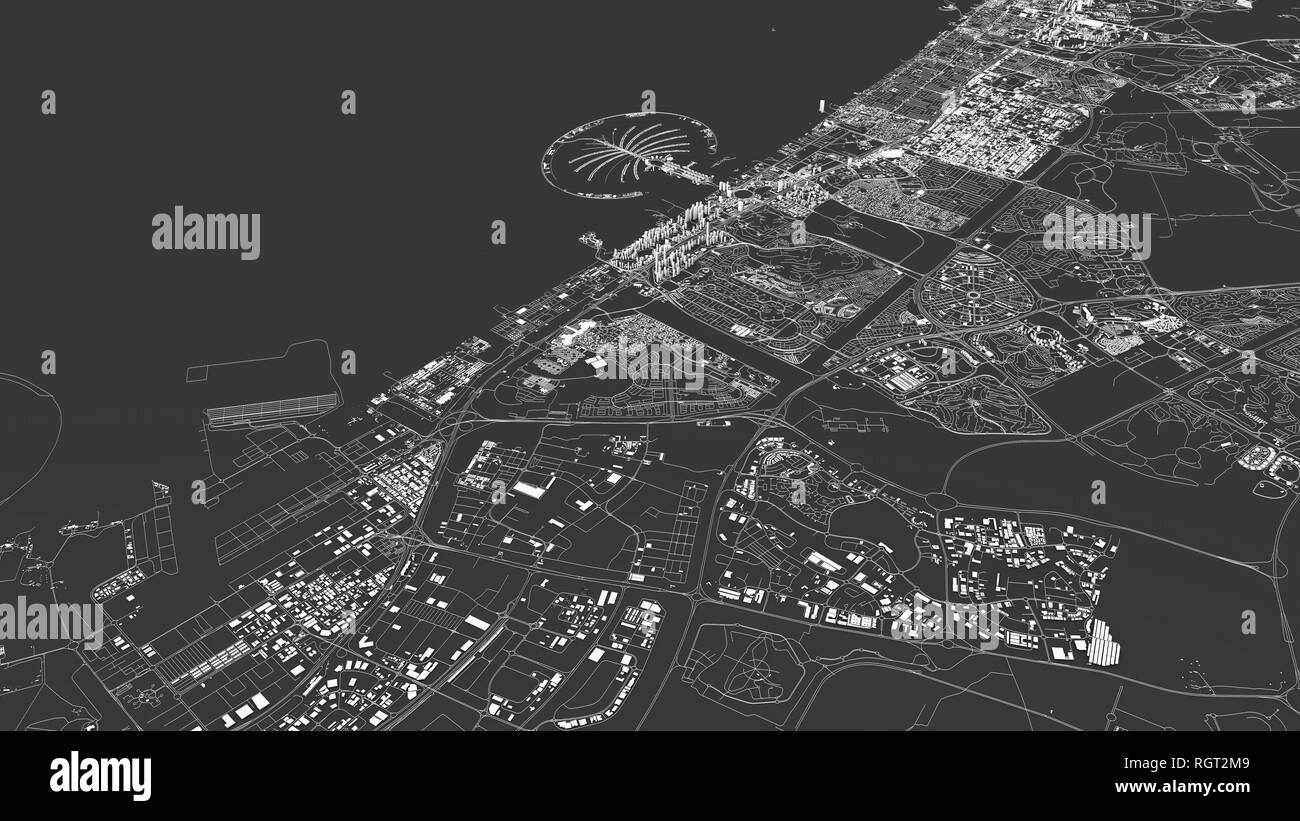 Mappa satellitare di Dubai, Emirati arabi uniti, strade della città. Cartina stradale e mappa del centro della citta'. Il rendering 3d. Gli edifici 3D Foto Stock