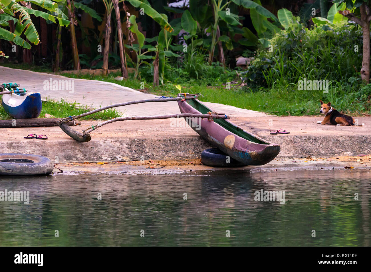 Pescatore tradizionale barca a sinistra sulla riva del fiume in Sri Lanka Foto Stock