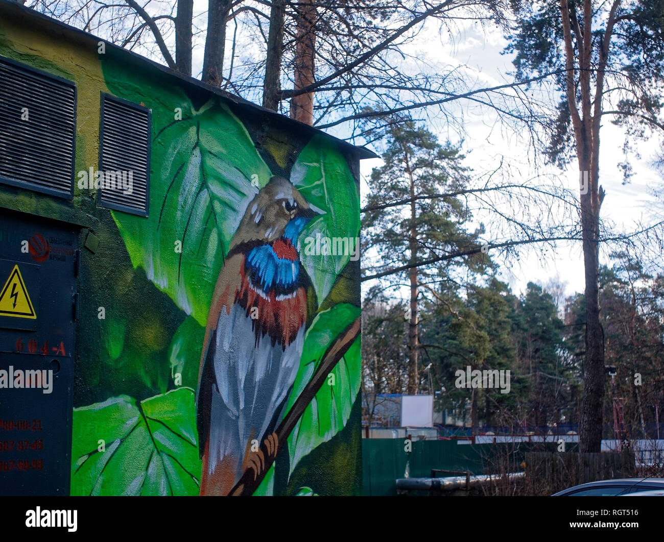 Uccelli graffiti sul muro dell'edificio, Mosca Foto Stock