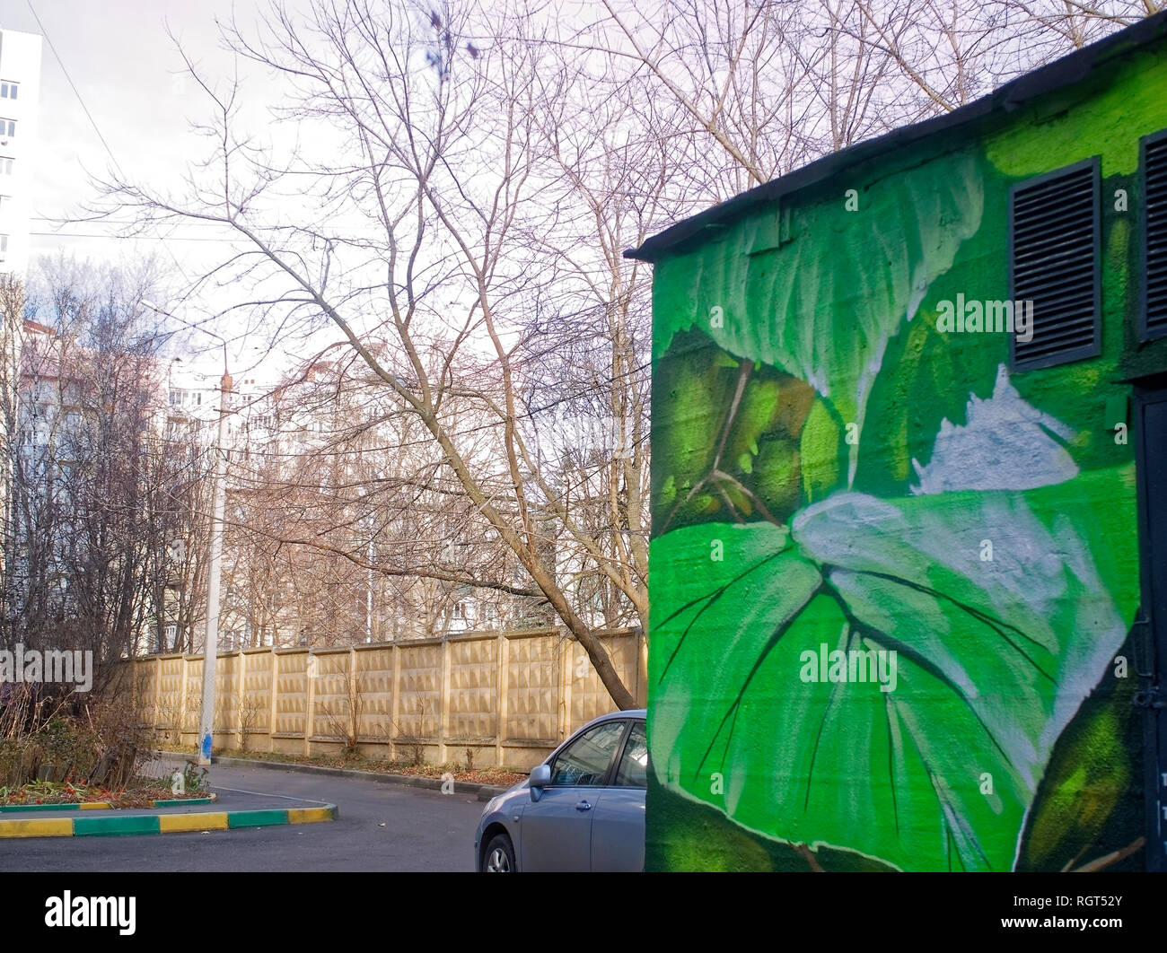 Uccelli graffiti sul muro dell'edificio, Mosca Foto Stock