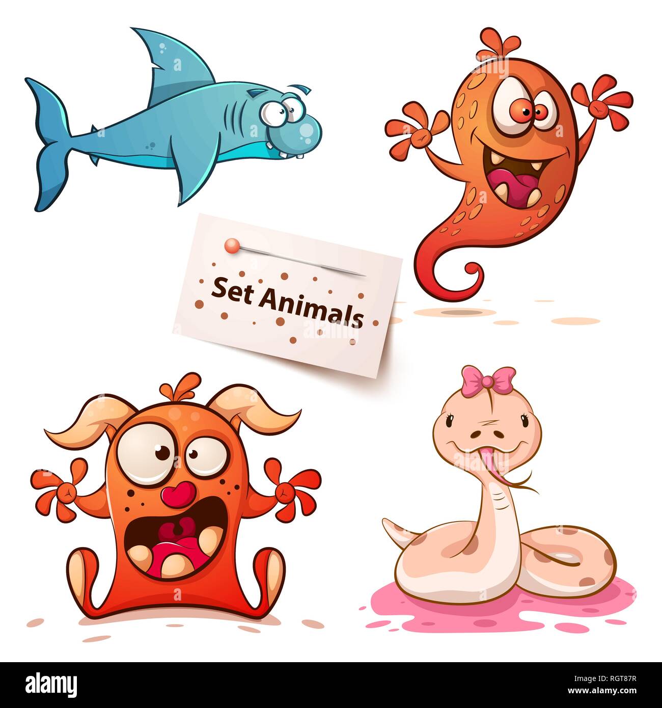 Shark, monster, snake : impostare gli animali. Illustrazione Vettoriale
