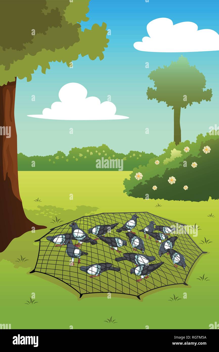 Una illustrazione vettoriale di piccioni intrappolati sulla terra Illustrazione Vettoriale