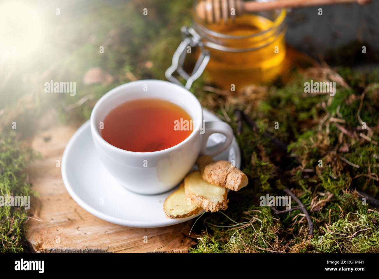 In prossimità della tazza di tè con limone e zenzero e miele su legno e moss nella foresta. Concetto di tosse naturale remedy , di guarigione e di trattamento. Bevanda Foto Stock