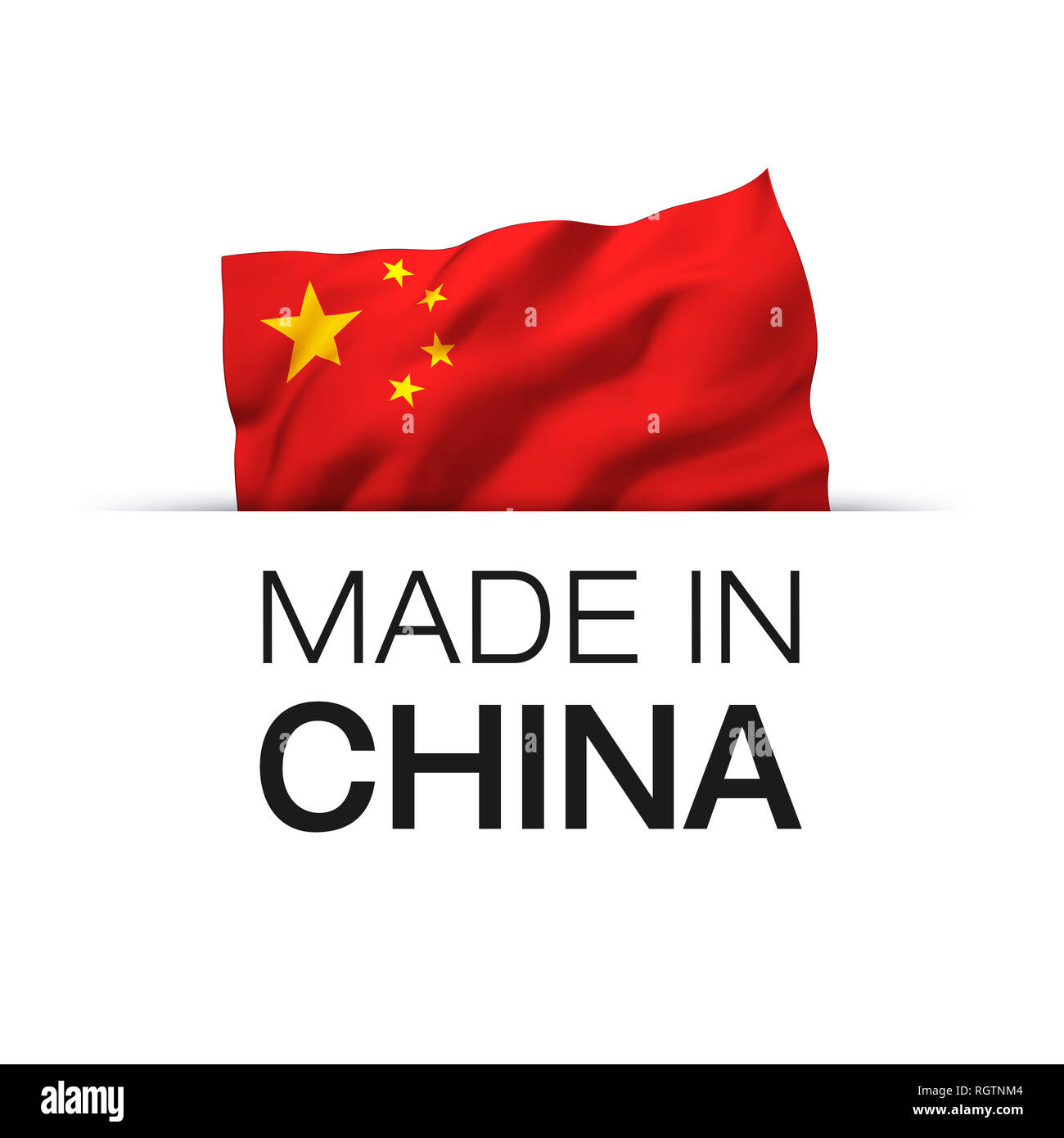 Fabbricato in Cina - etichetta di garanzia con una sventola bandiera cinese. Foto Stock
