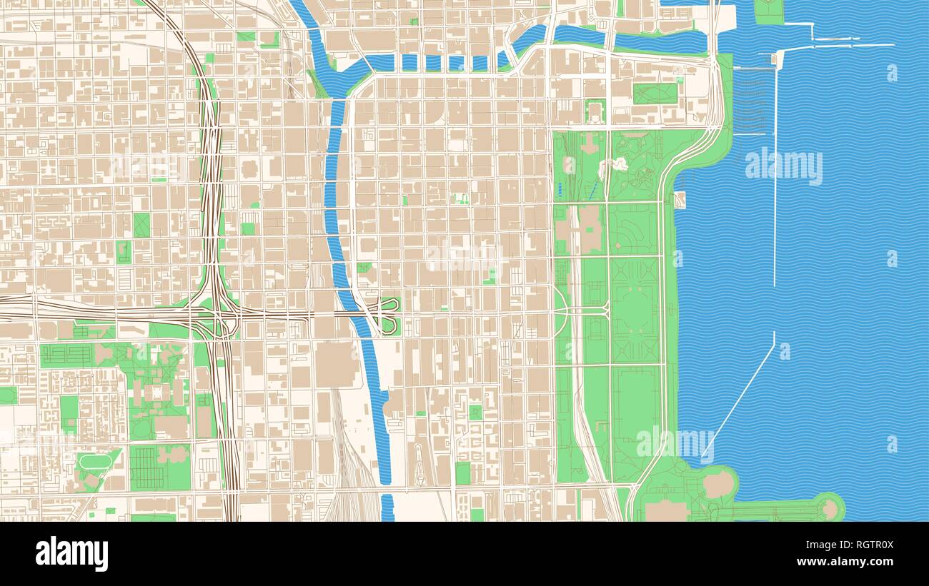 Mappa stradale di Chicago, Illinois. Questo classico mappa colorata di Chicago contiene varie forme per autostrade, più grandi e più piccoli vicoli, acqua e parchi Illustrazione Vettoriale