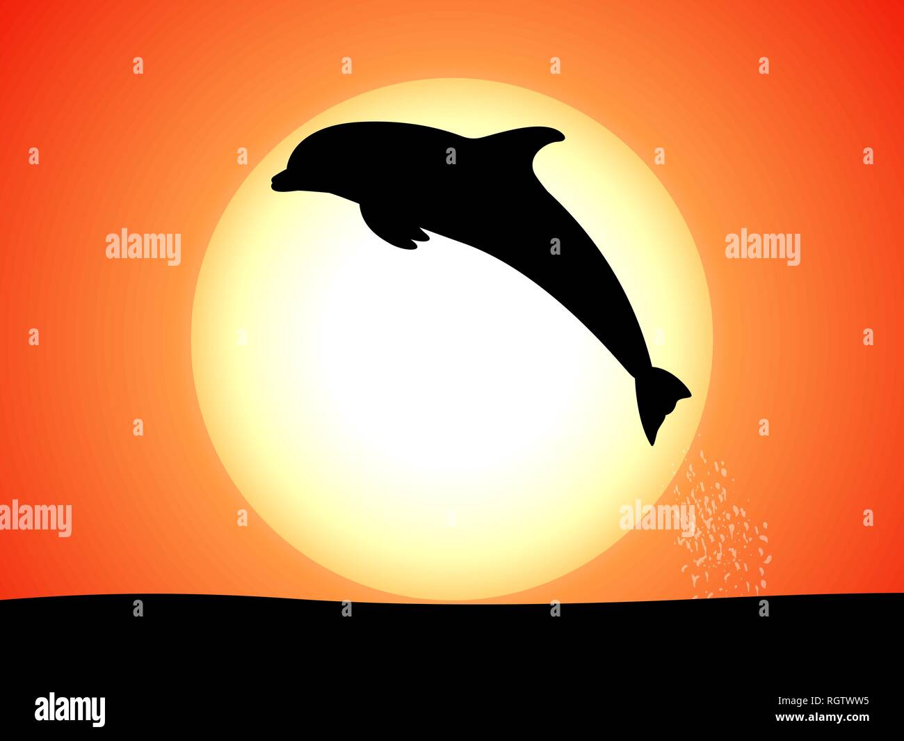 Silhouette di una jumping dolphin contro un tramonto Illustrazione Vettoriale