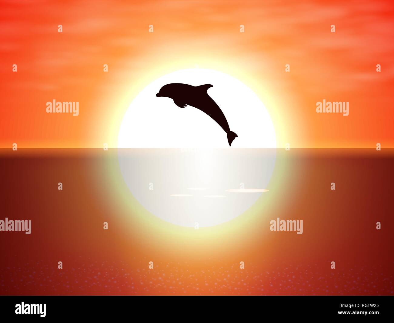Dolphin salta sopra l'acqua del sole al tramonto Illustrazione Vettoriale