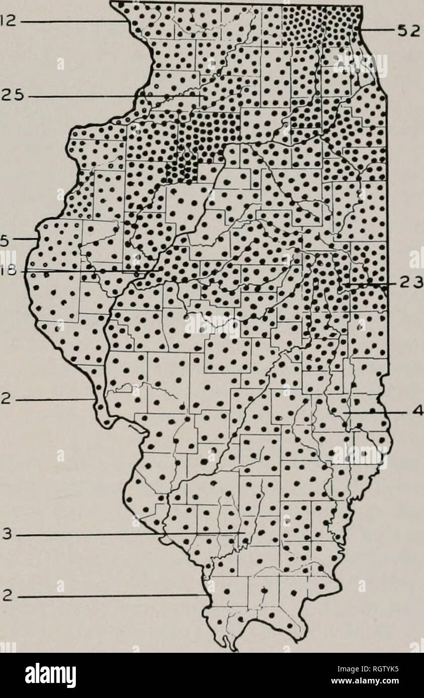 . Bollettino. Storia naturale; storia naturale. Settembre, 1943 Mohr Furbearer: Distribuzione del reddito e 513 furbearer in una determinata area è grande e la popolazione della furbearer in quella zona è wcxy suscettibili di essere di grandi dimensioni e, se piccolo, la popolazione rischia di essere di piccole dimensioni. Topo muschiato* Distribuzione.-topi muschiati, fig. 4, sono presenti in ogni contea di Illinois e sono più numerosi nel lago e McHenry contee, a nord di Chicago, dove stagni, paludi e di erba-laghi rivestito e lenta, stabile dei flussi sono contemporaneamente diffusa e habitat eccellente. Con alcune eccezioni i numeri dei topi muschiati diminuire gradu- alleato per t Foto Stock