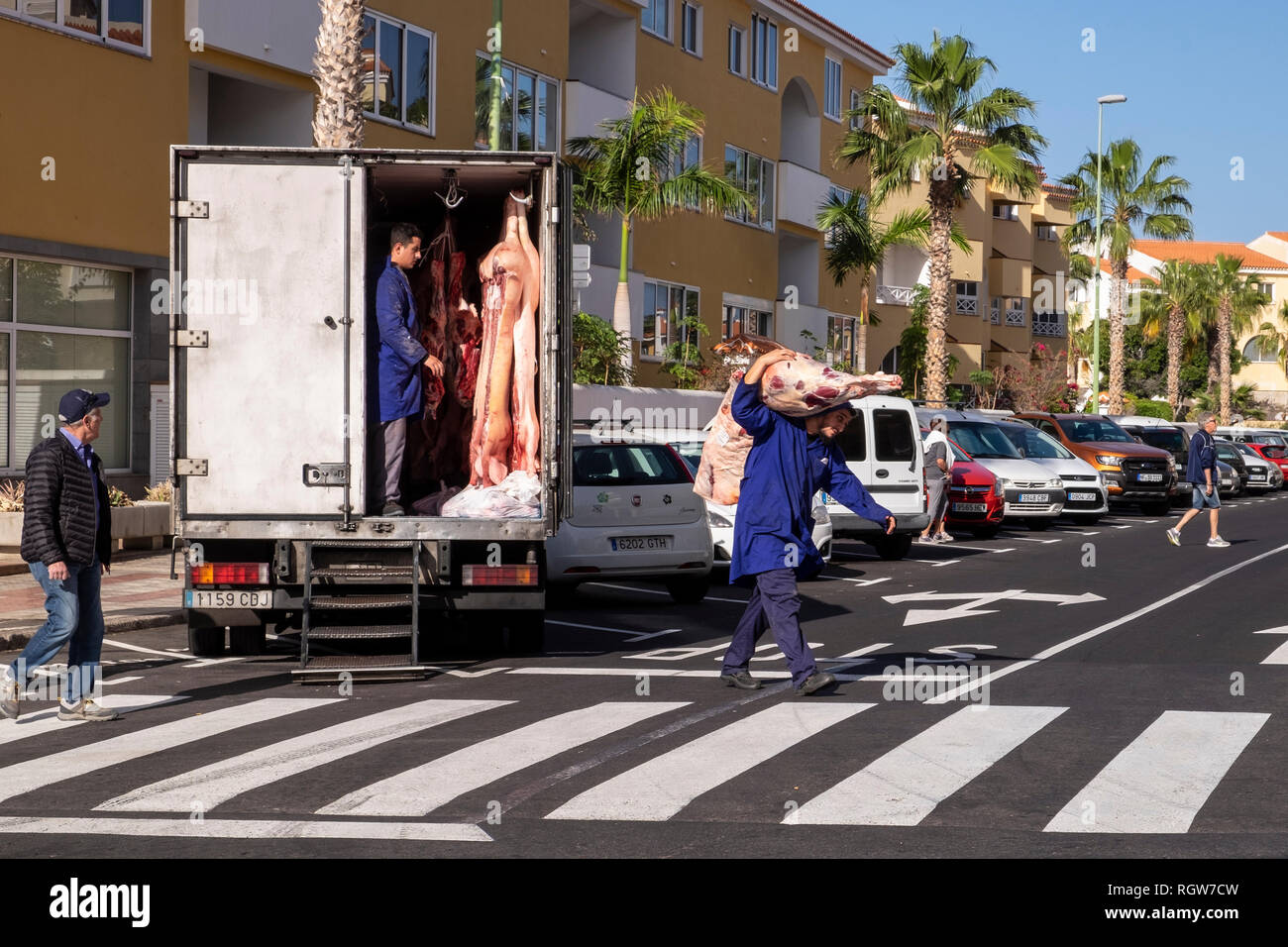 Per la consegna di carni, carcasse di suino viene scaricato da un furgone refrigerato e consegnato a un negozio di macellaio in Playa San Juan, Tenerife, Isole Canarie, Spai Foto Stock