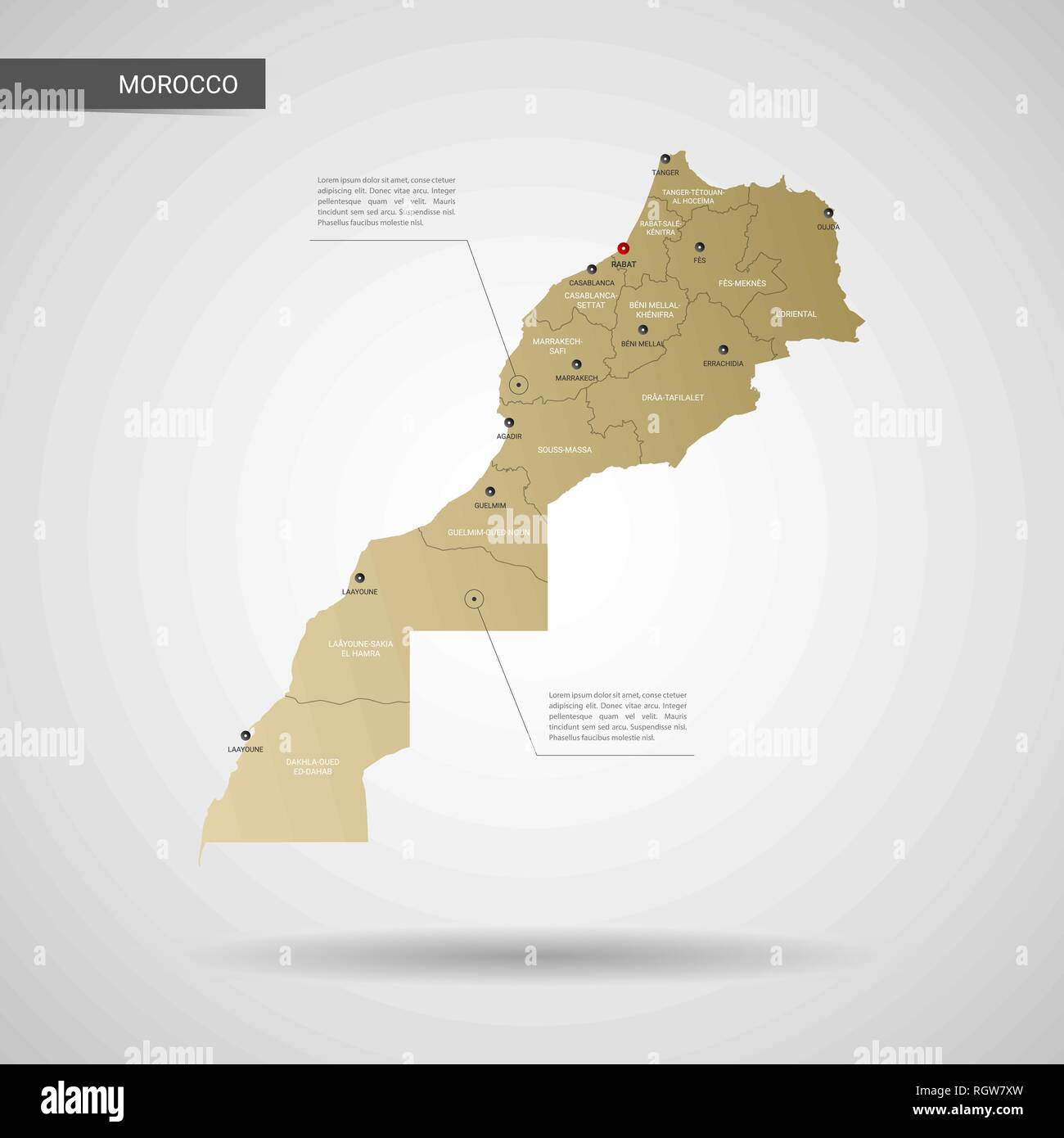 Vettore stilizzati Marocco mappa. Una infografica 3d oro illustrazione mappa con le città, le frontiere, il capitale e le divisioni amministrative e il puntatore di marchi, ombra; Illustrazione Vettoriale