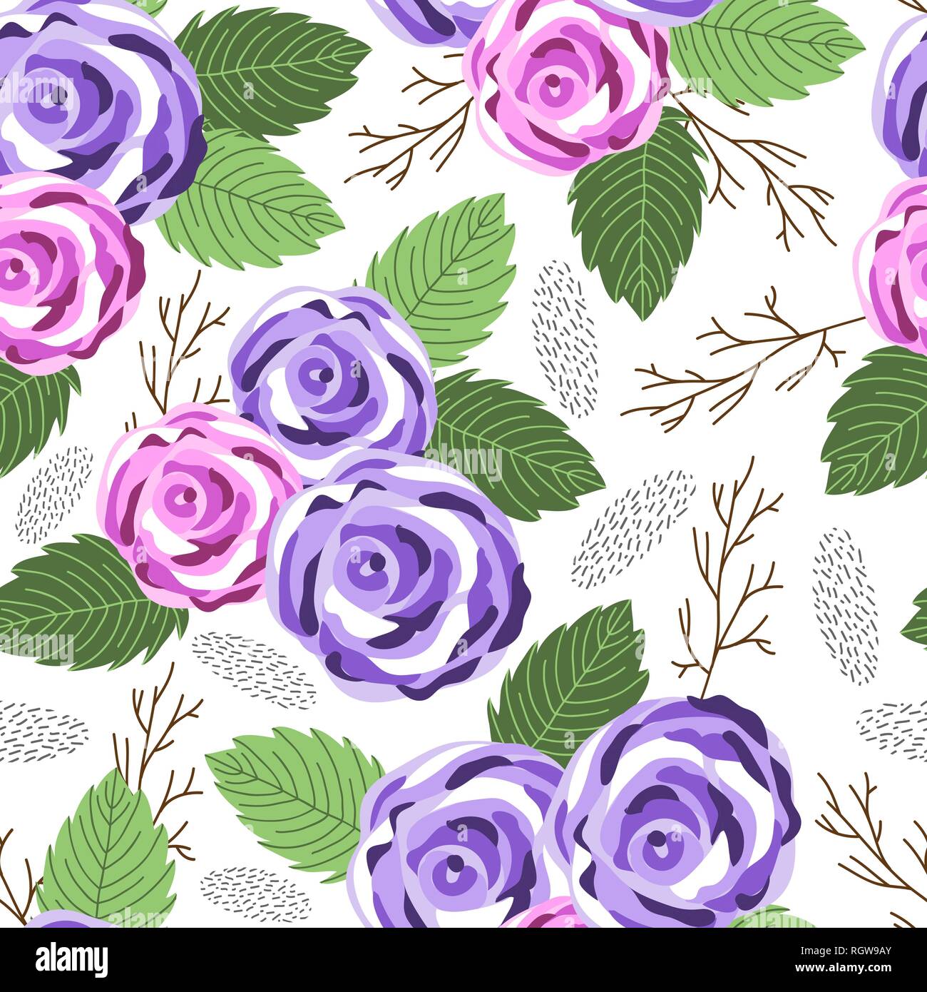 Modello senza cuciture con graziosi doodle rose fiori e foglie su sfondo bianco, illustrazione vettoriale Illustrazione Vettoriale