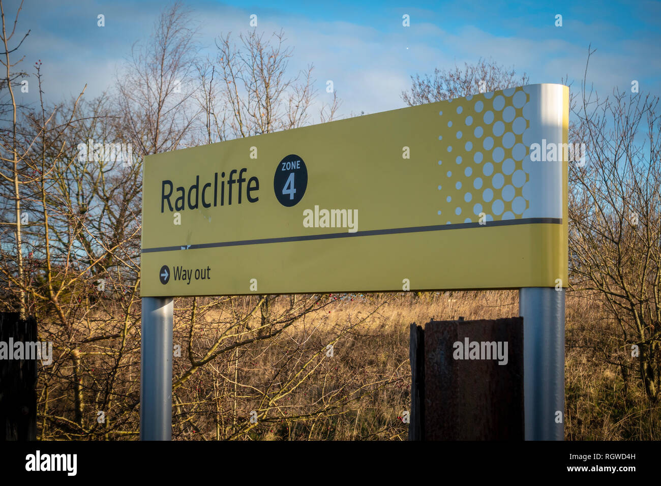Segno a Radcliffe Metrolink Station Foto Stock