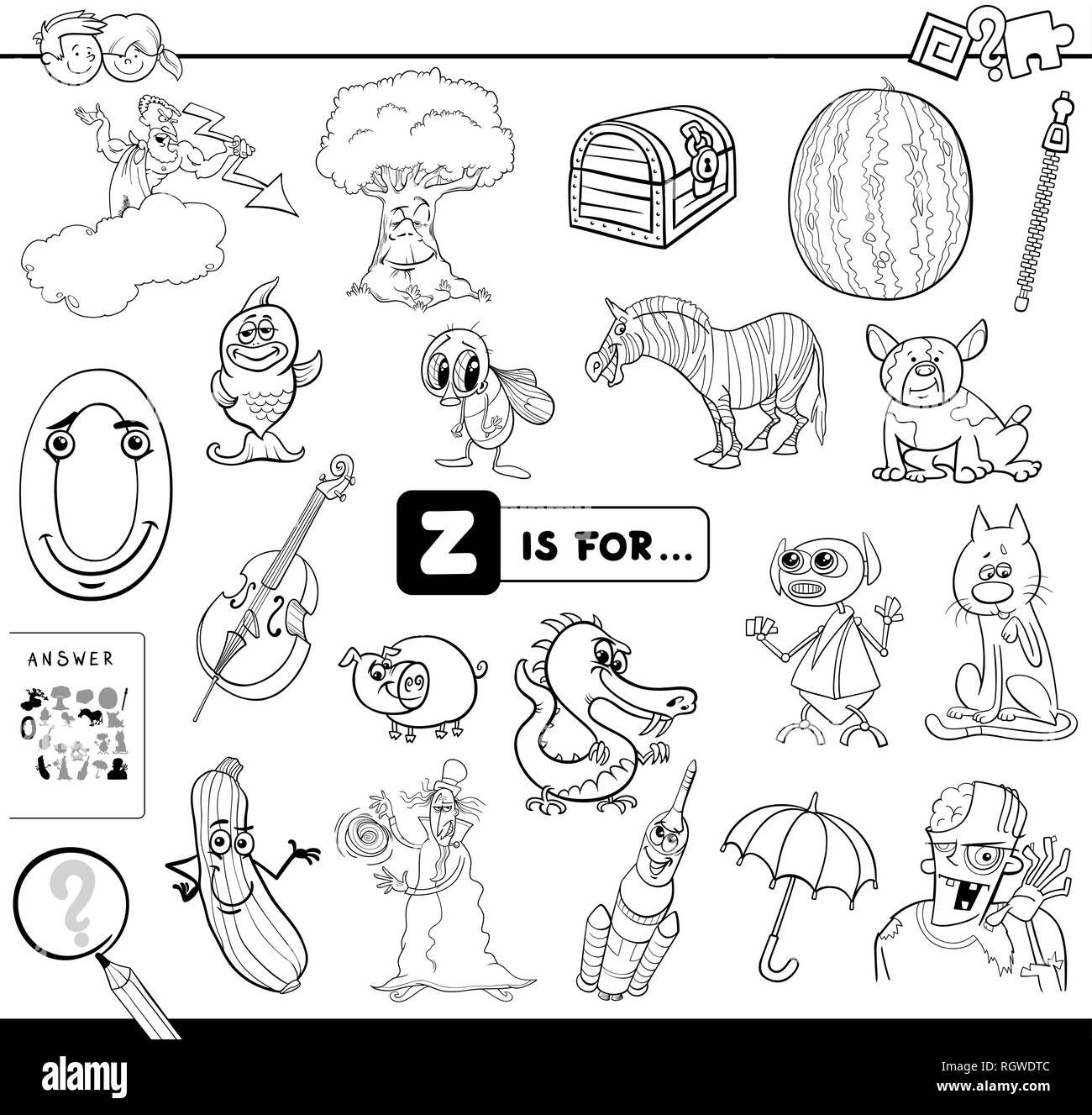 Bianco e Nero Cartoon illustrazione di trovare foto che iniziano con la lettera Z Gioco educativo eserciziario per bambini Libro da colorare Illustrazione Vettoriale