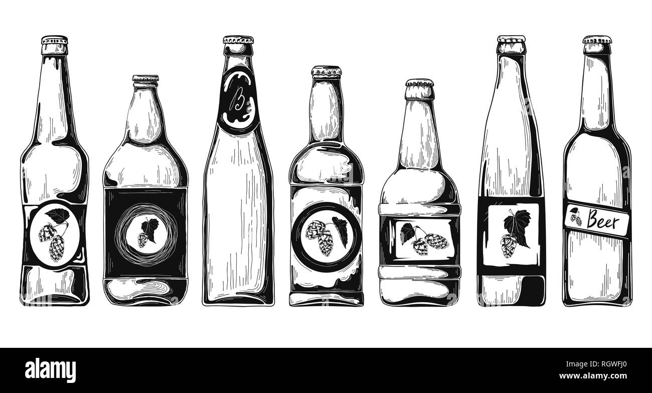 Set di bottiglie di birra. Illustrazione Vettoriale. Schizzo Illustrazione Vettoriale