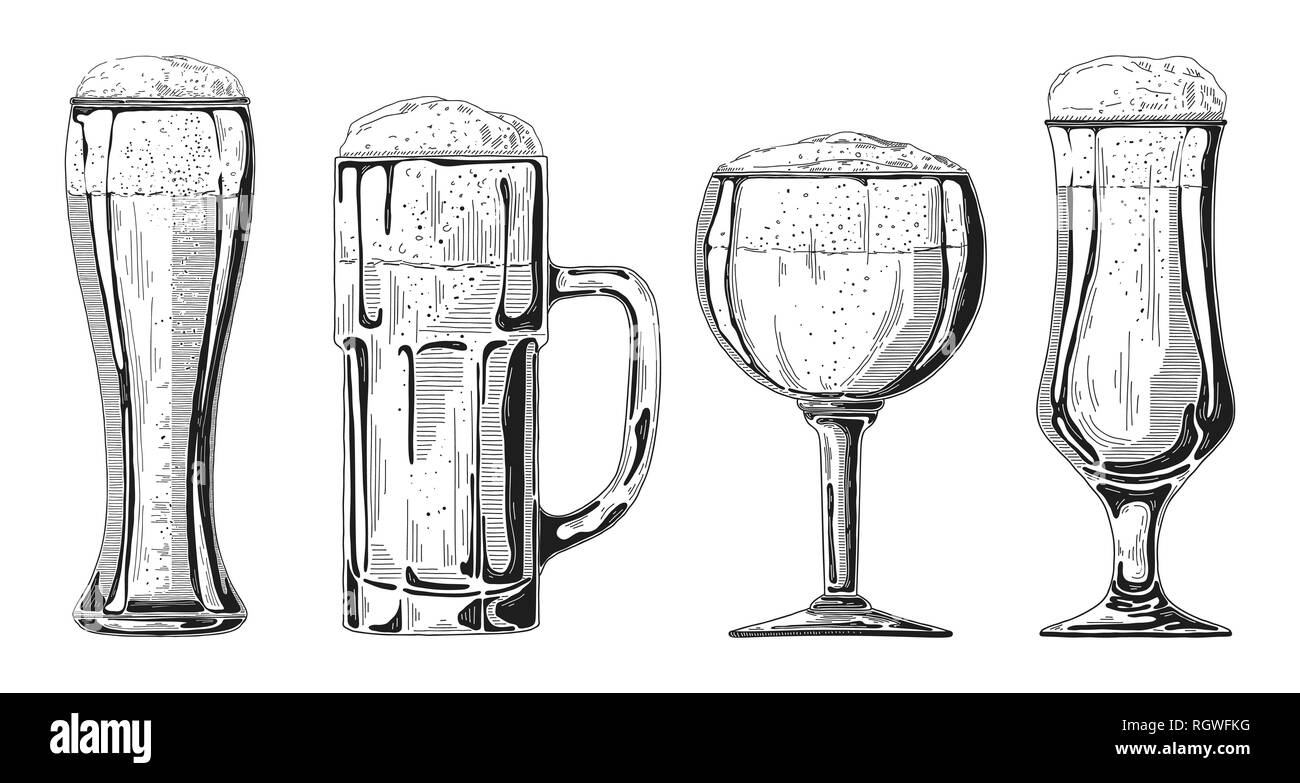Set di diversi tipi di bicchieri di birra, vari boccali di birra. Illustrazione vettoriale di un disegno stile. Illustrazione Vettoriale